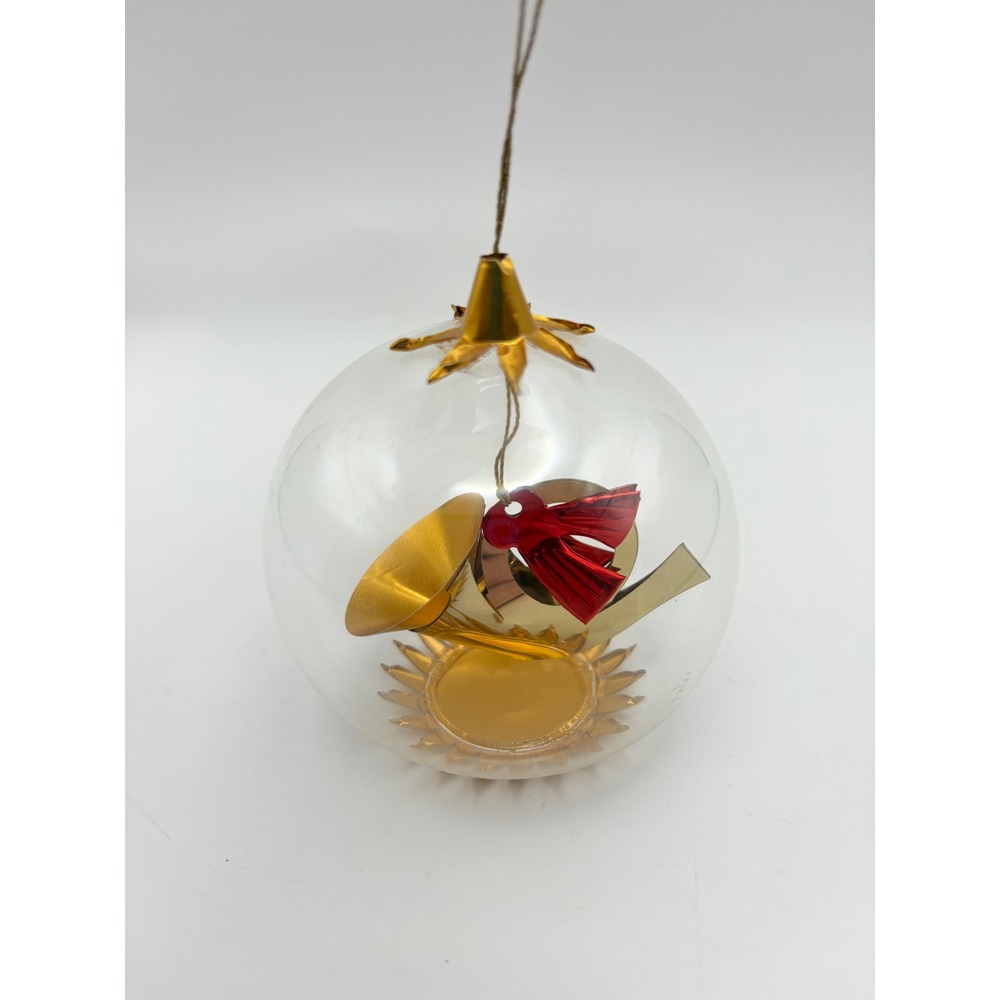 Vintage Clear Glass Christmas Ornament Diorama 3" French Horn Angel Foil Inside